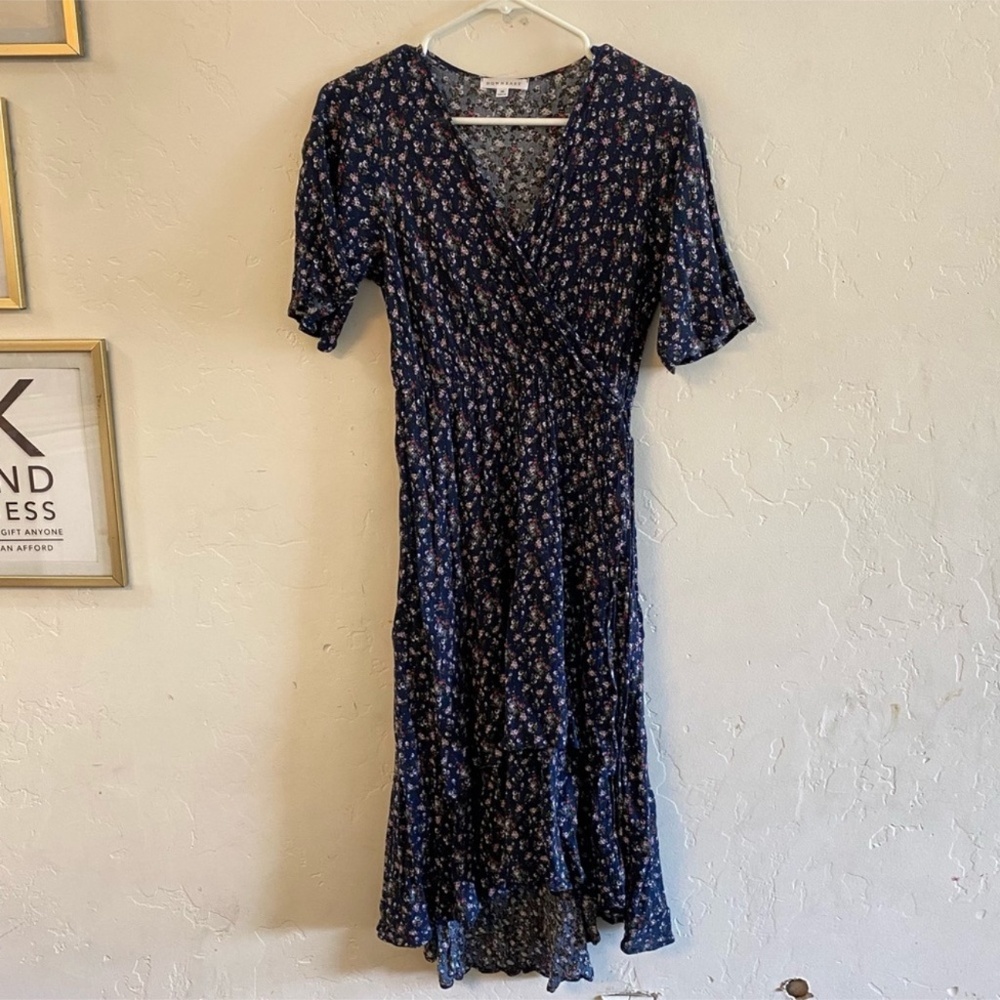 DownEast Navy Blue Floral Print High Low Faux Wrap Dress Medium